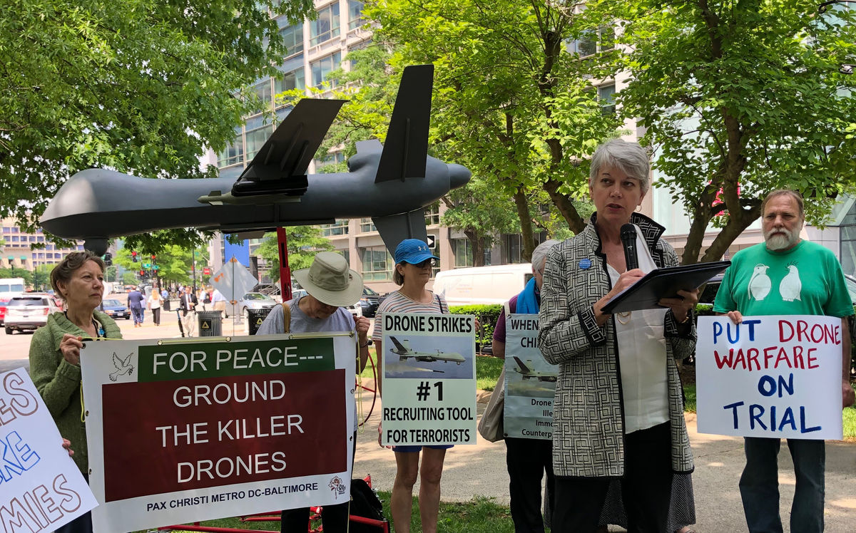 Diane Randall speaks at faith rally to end drone warfare. May 3, 2019