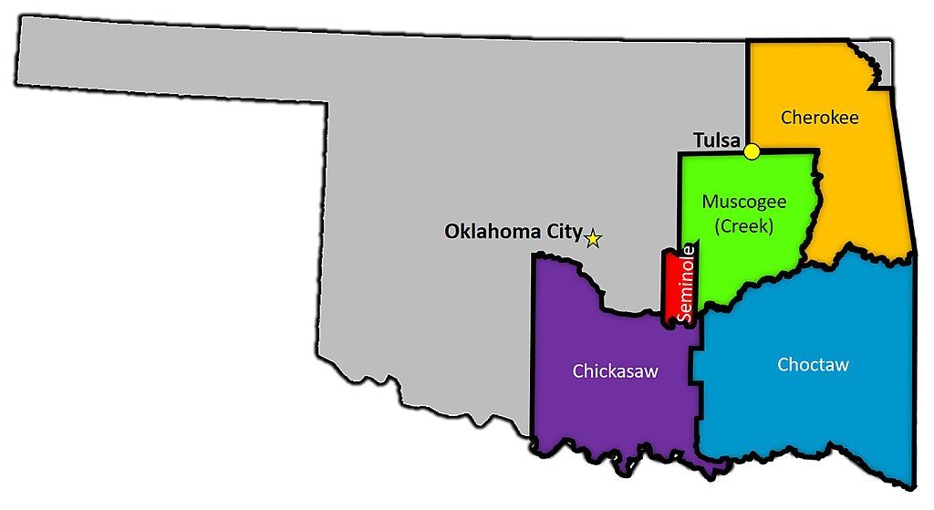 Map of five tribal reservations in eastern Oklahoma.